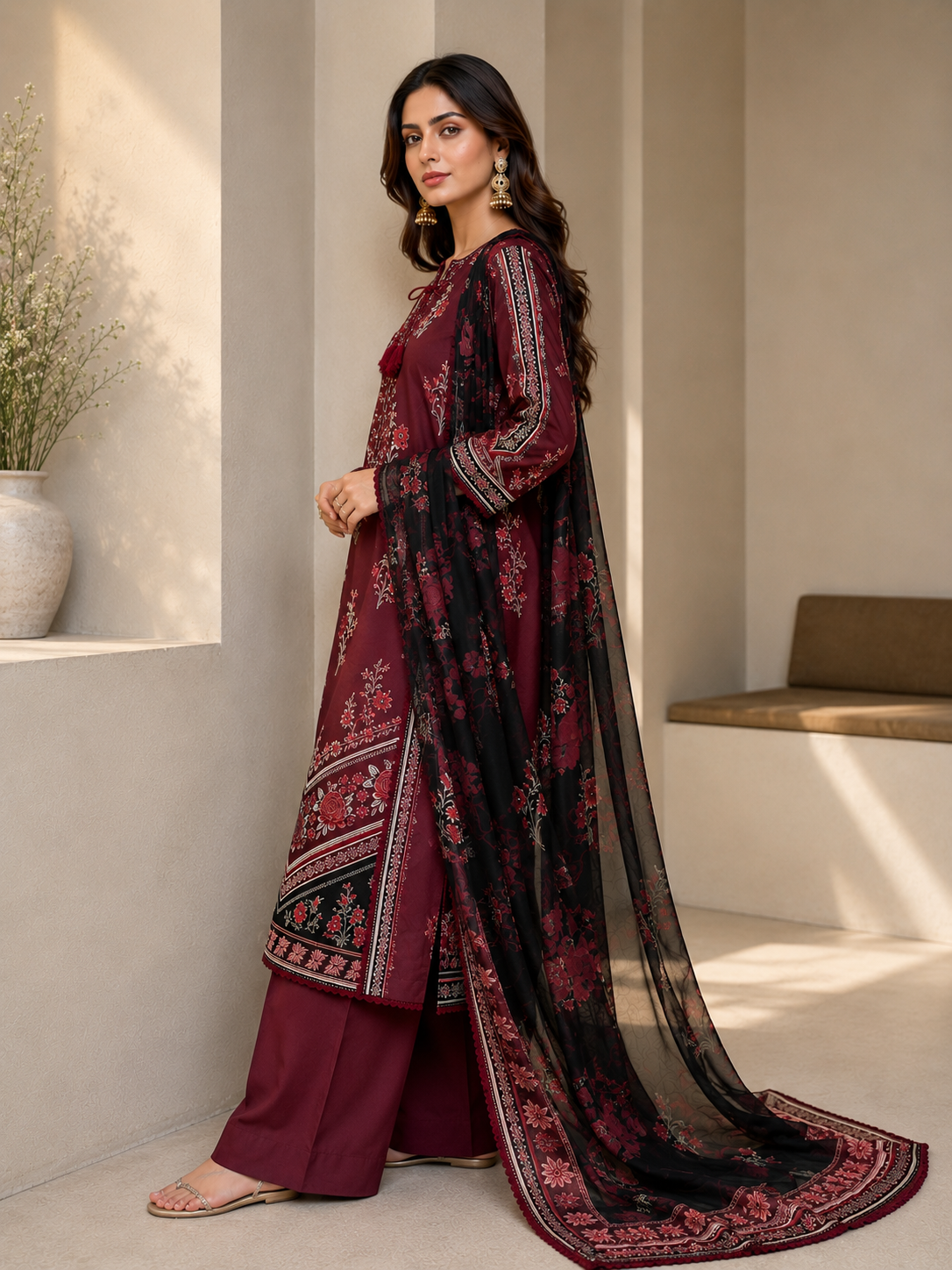 (24) Imrozia/serene dahlia elegant lawn kameez sequin floral thread embroidered neck tassel tie plazzo trousers contrast silk duppatta
