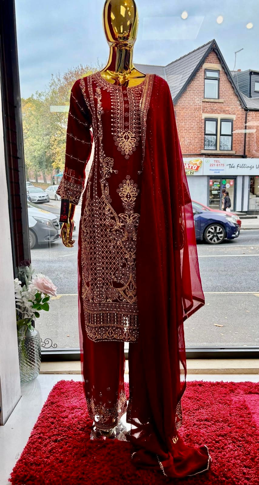 (124) Luxury Zaib Red Embroidered Chiffon 3-Piece Pakistani Occasion Suit