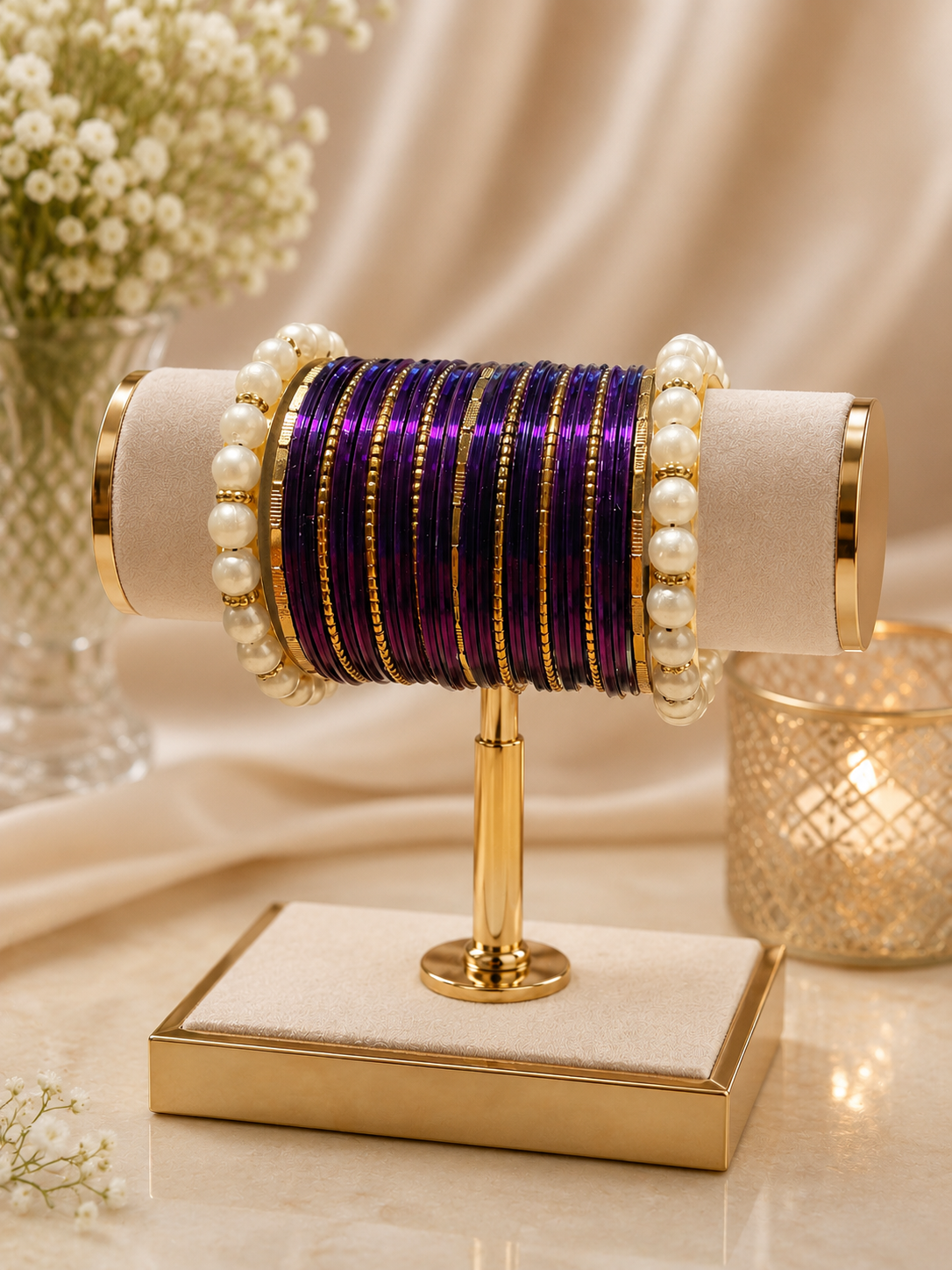 (B7) Elegant purple and gold bangle set featuring shimmering metallic bangles, delicate gold detailing and beautiful pearl accents. A timeless statement set size 2.4