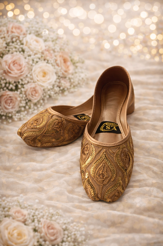 (S30) Handmade Gold Sequin Khussa – Embroidered Punjabi Jutti with Soft Foam & Non-Slip Sole