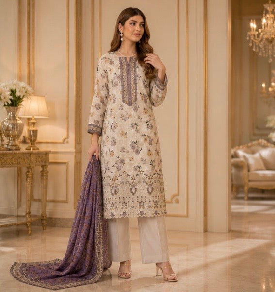 (147) Tawakkal Digital Floral Lawn Suit | Cutwork & Beaded Embroidery