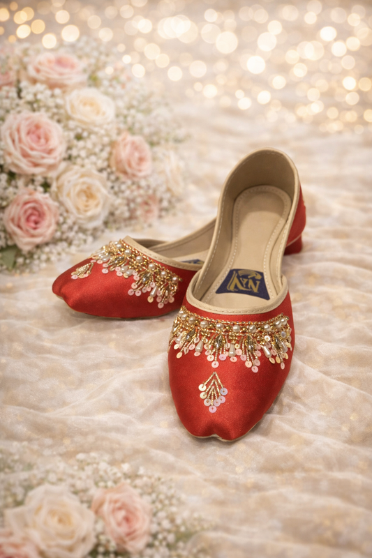 (S3) Handmade Satin Khusa – Gold Embroidered Punjabi Jutti with Soft Foam Comfort