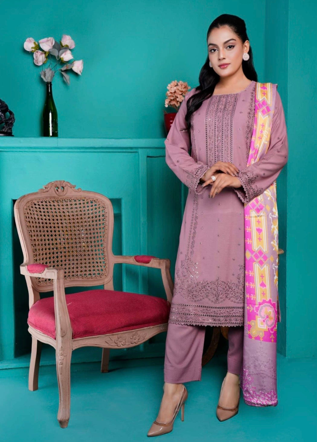 (167) Luxury Pakistani Dhanak Embroidered Suit & Digital Printed Shawl