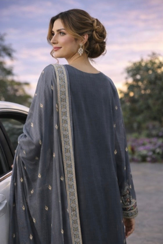 (355) Elegant grey fancy zari lawn suit, ready-to-wear, beautifully crafted with intricate detailing and paired with a four-sided (chaar patti) richly embroidered dupatta for a complete graceful look