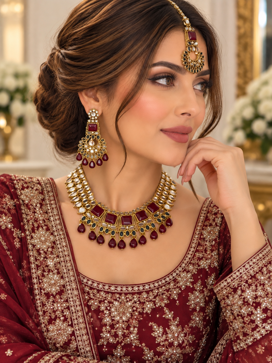 (J8) Elegant gold-tone jewellery set with ruby-red stones, matching statement earrings and tikka. Perfect for weddings, parties and special occasions