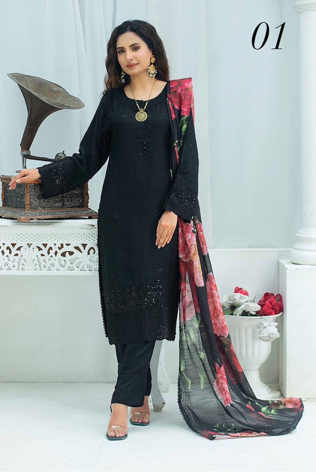 (345) Pakistani Viscose Chikankari Suit | Sequin & Floral Dupatta
