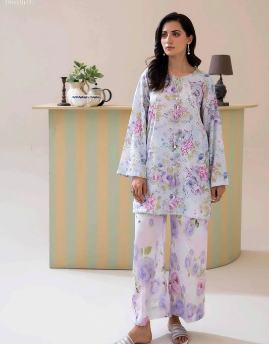 (42) Adan’s schiffli chickankari printed voil lawn shirt lawn trousers co ord set