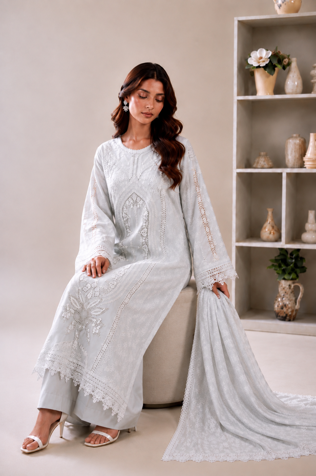 (180) Maria b inspired embroidered arabic lawn lace cutwork printed tissue silk dupatta ready to wear