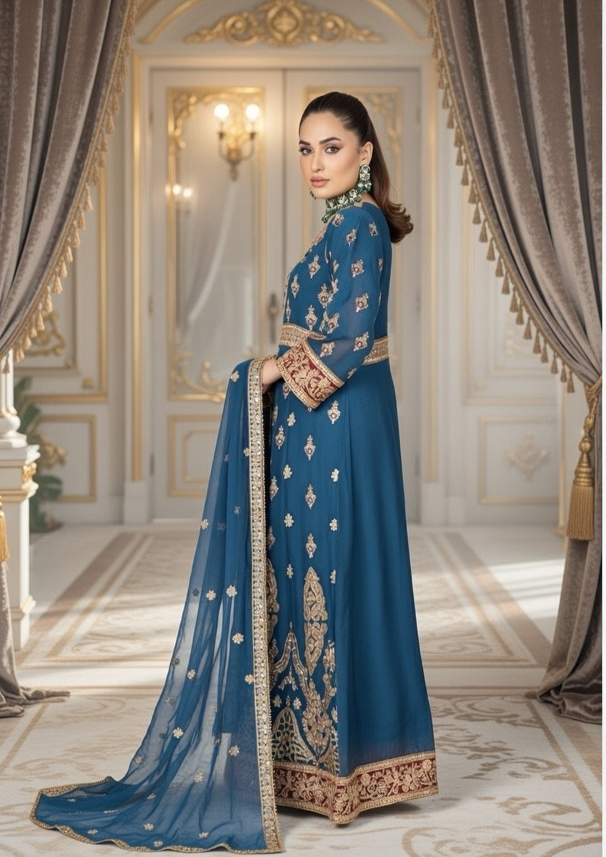 (105) Blue Crinkle Chiffon Anarkali | Gold Embroidery & Diamante Work