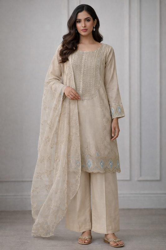 (13) Elegant Summer Viscose Ready to Wear Suit with Sequin Shimmer Chikankari Embroidery and Organza Dupatta