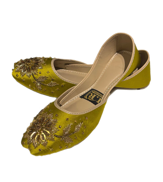(S7) Handmade Satin Khusa – Gold Embroidered Punjabi Jutti with Soft Foam Comfort