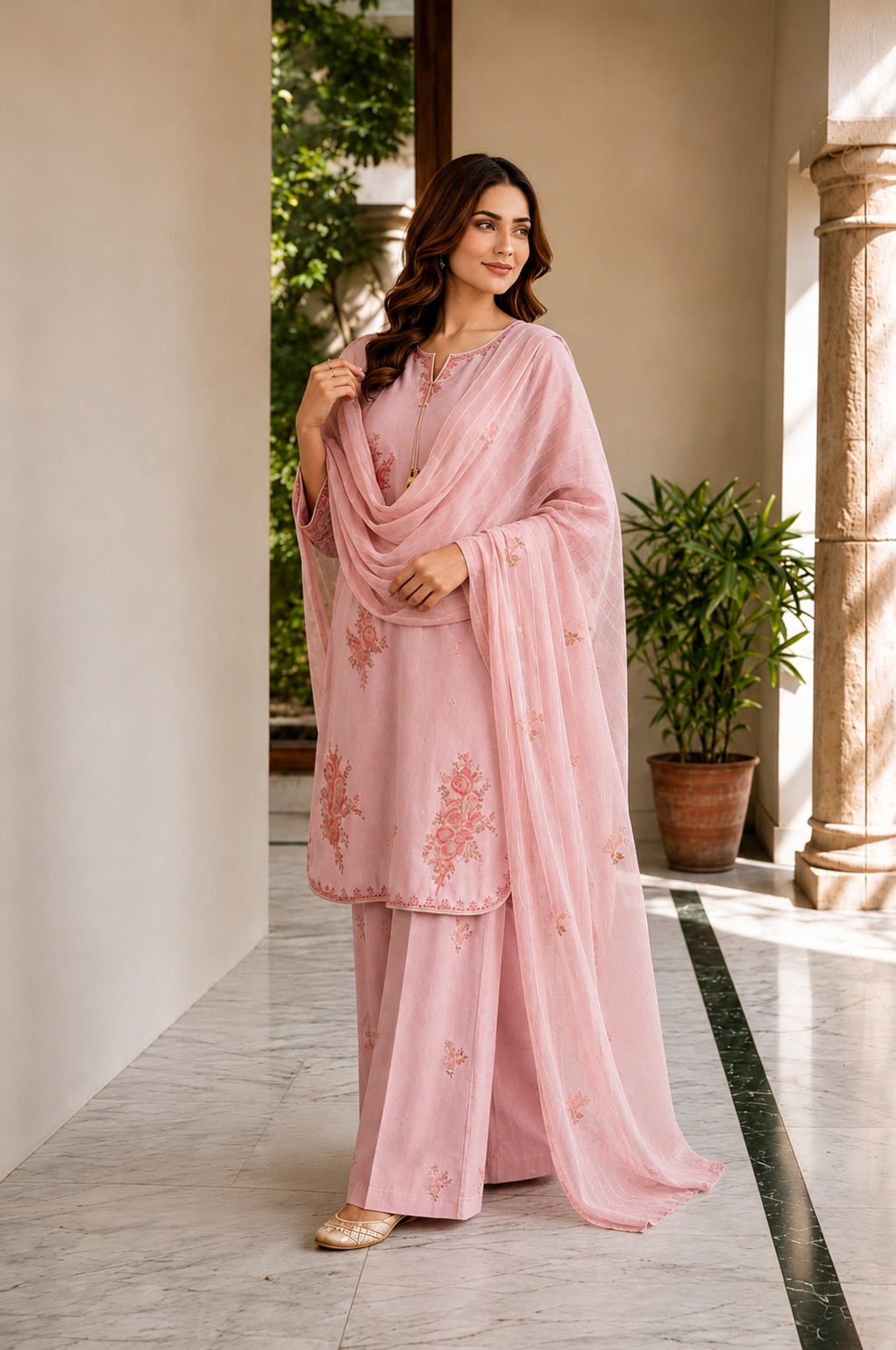(363) Abeeha Elegant Light pink Viscose Suit – A beautifully designed rounded kameez featuring delicate gold thread floral embroidery, paired with stylish palazzo trousers and a soft bamber dupatta.