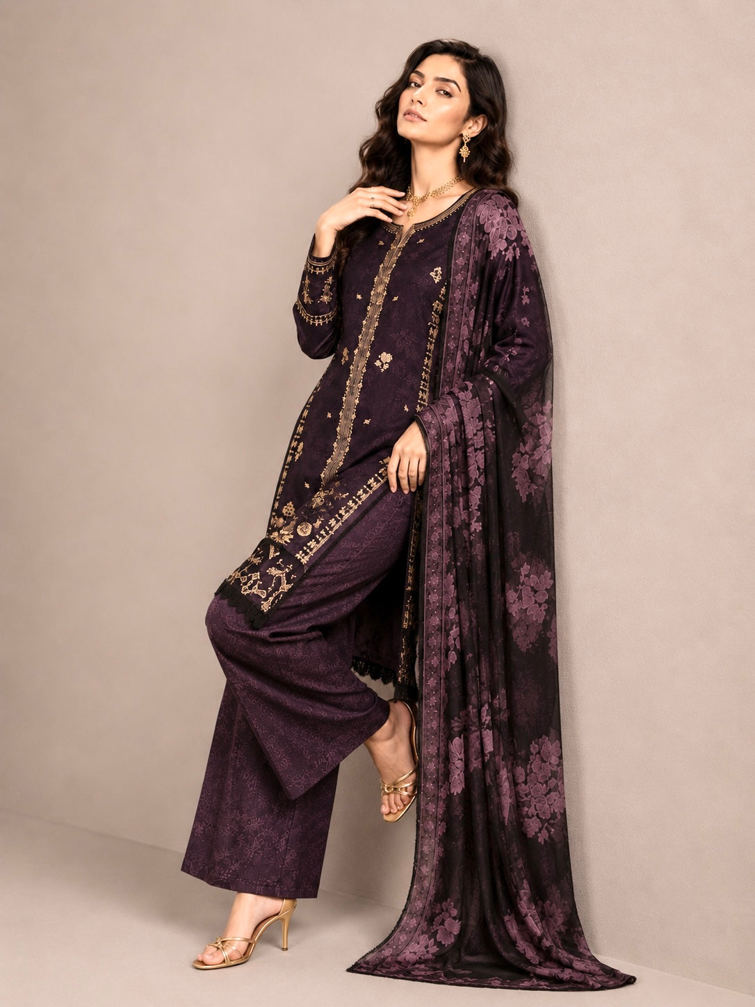(218) Elegant Floral Printed Lawn Suit | Gold Thread & Sequin Embroidery