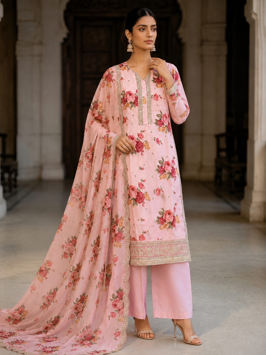 Stunning Floral pink chiffon fully lined kameez gold thread embroidery chiffon duppatta viscose trousers