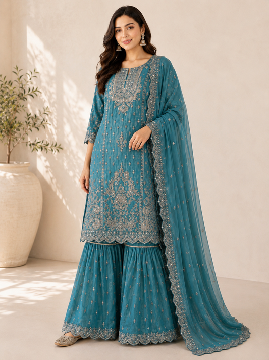 (86) Pakistani Chiffon Gharara Suit with Gold Thread Embroidery Ready to Wear