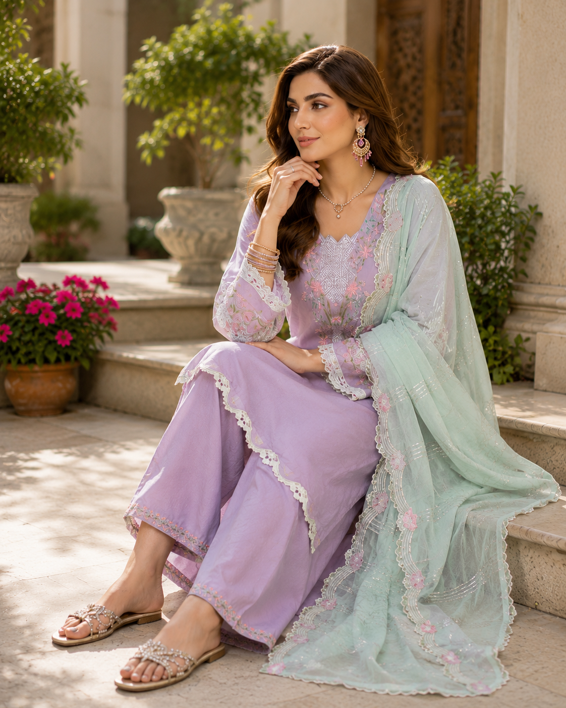 (249) Floral Lace Viscose Farshi Shalwar Suit | Ready-Made Elegance