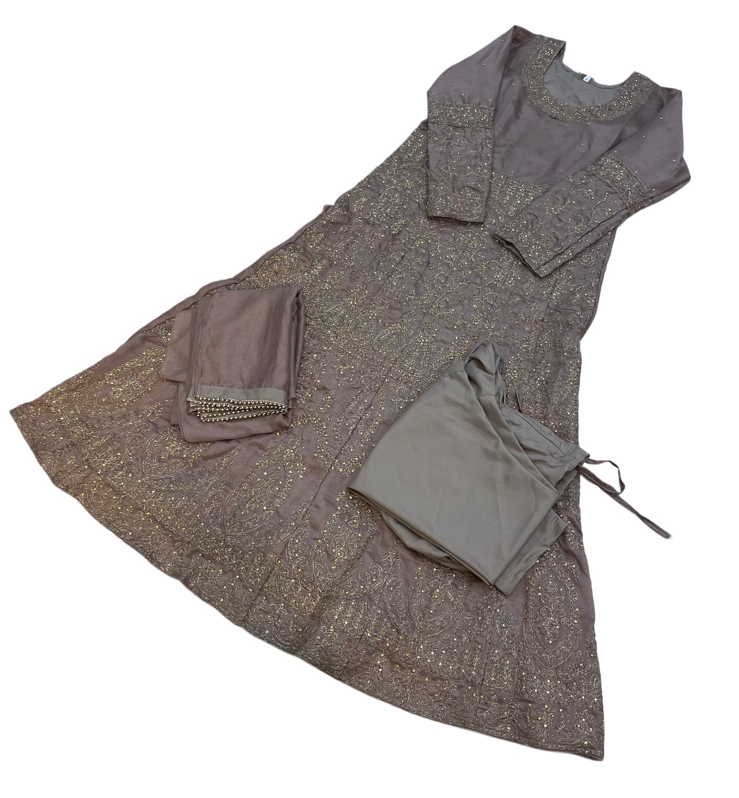 (100) Simran's Elegant Gold-Embroidered Maxi Dress 3-Piece Suit – Ready to Wear