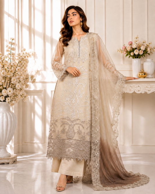 (139) Maria b chiffons inspired lace beaded diamonte neck floral chiffon kameez chiffon duppatta ready to wear