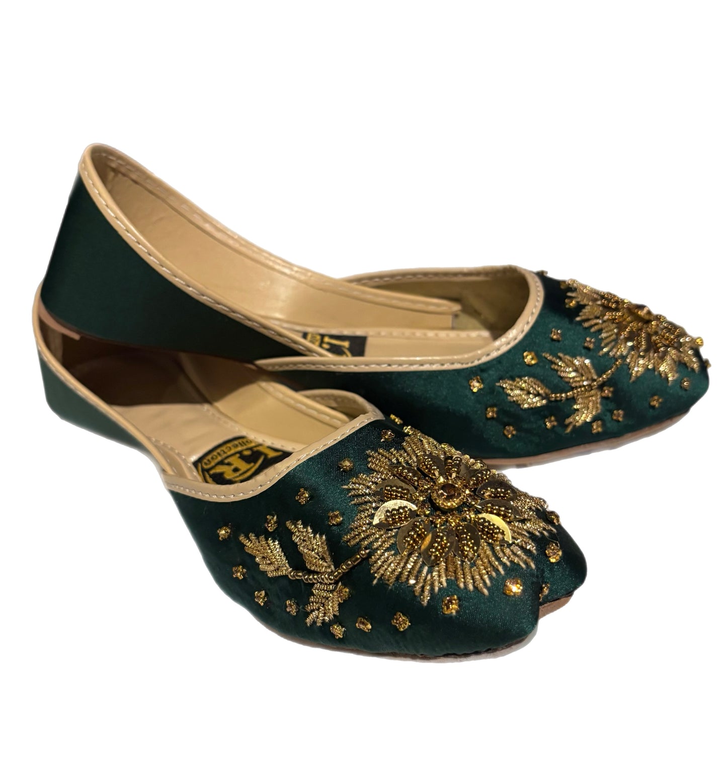 (S13) Handmade Satin Khusa – Gold Embroidered Punjabi Jutti with Soft Foam Comfort