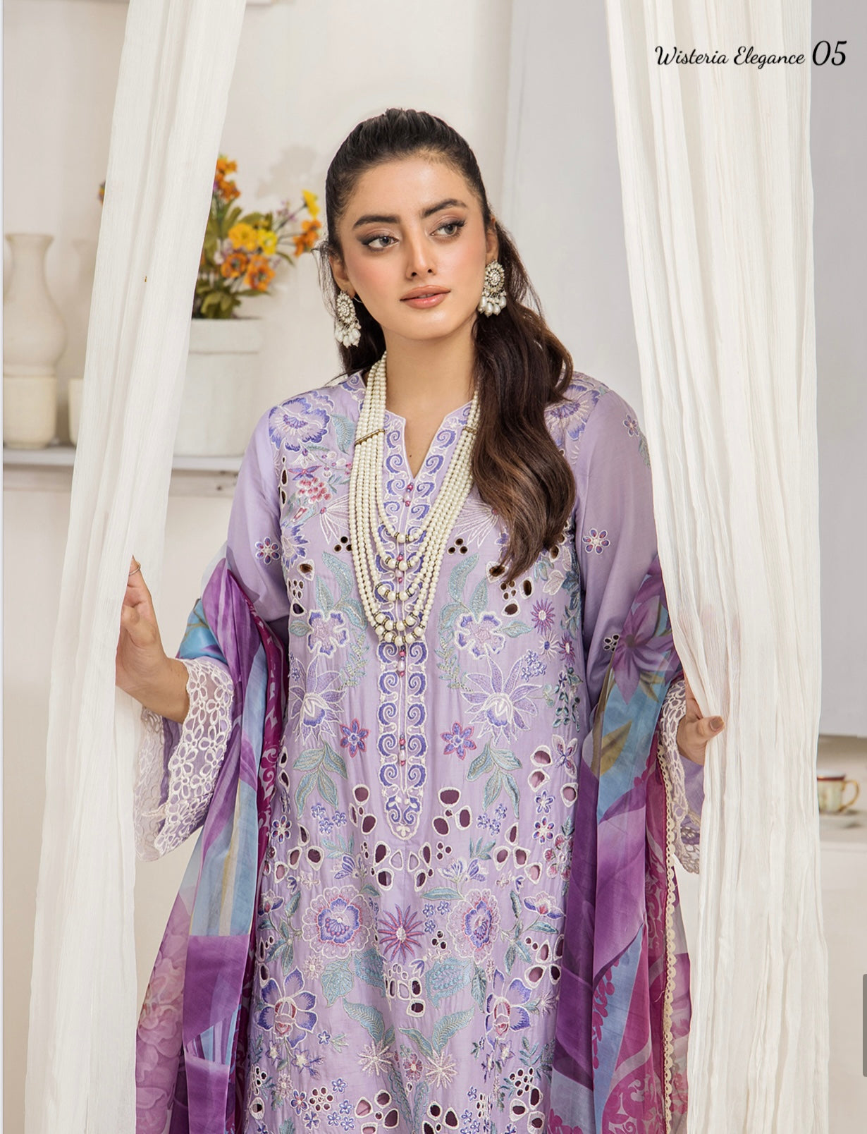 (293) Mayra Wisteria Elegance – Ready-to-Wear Lawn Shirt with Cotton Trousers & Printed Chiffon Dupatta