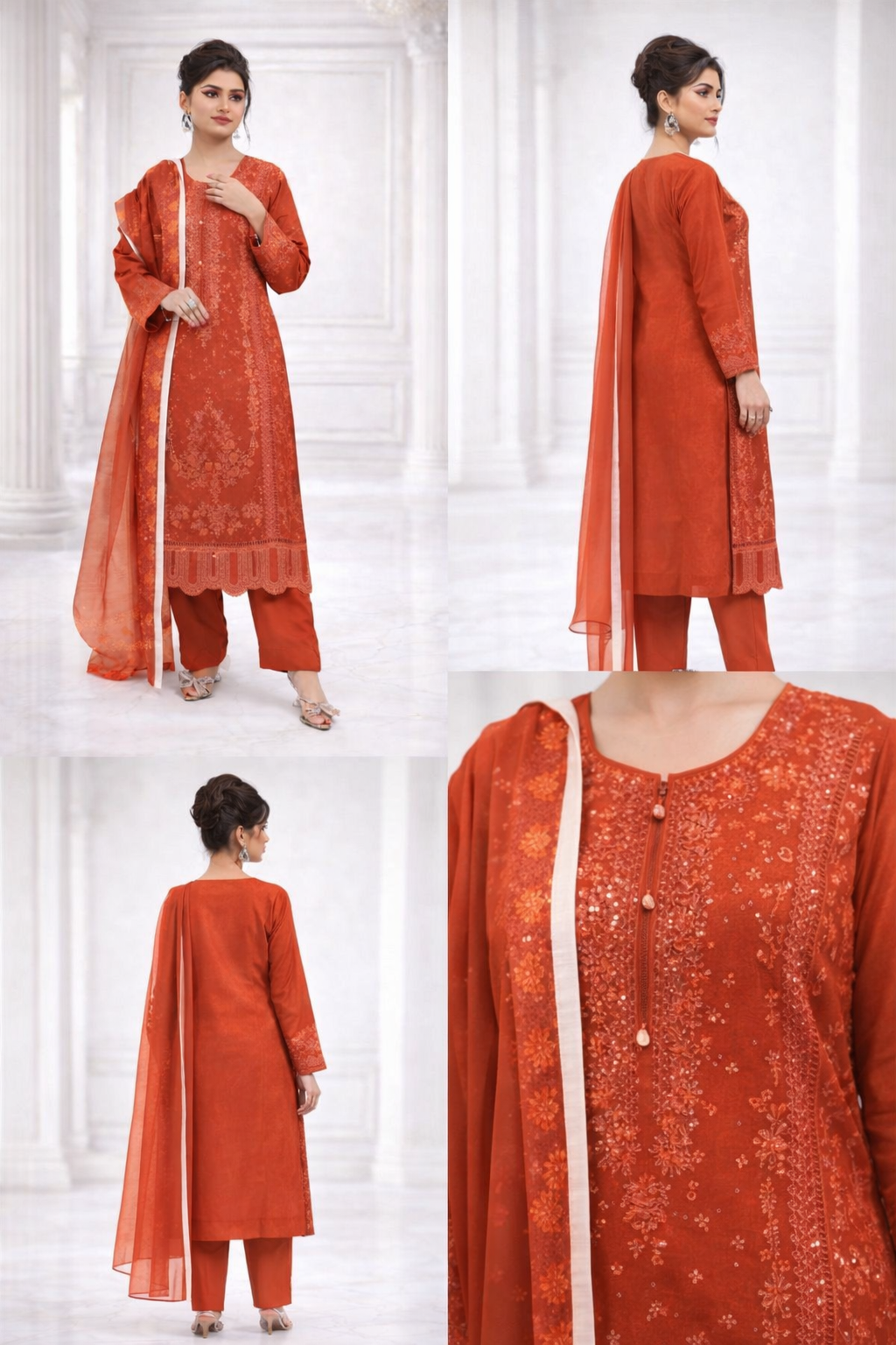 (354) Orange Chikankari Viscose Suit | Sequin Embroidery | Ready to Wear