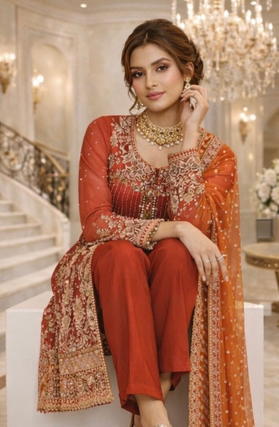 (58) Pakistani Embroidered Organza Suit – Deep Red Diamante & Pearl Party Wear