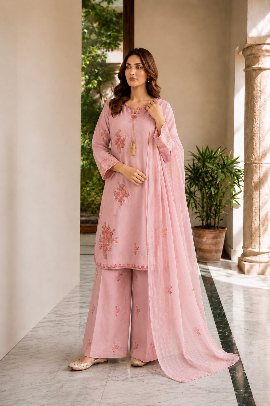 (363) Abeeha Elegant Light pink Viscose Suit – A beautifully designed rounded kameez featuring delicate gold thread floral embroidery, paired with stylish palazzo trousers and a soft bamber dupatta.