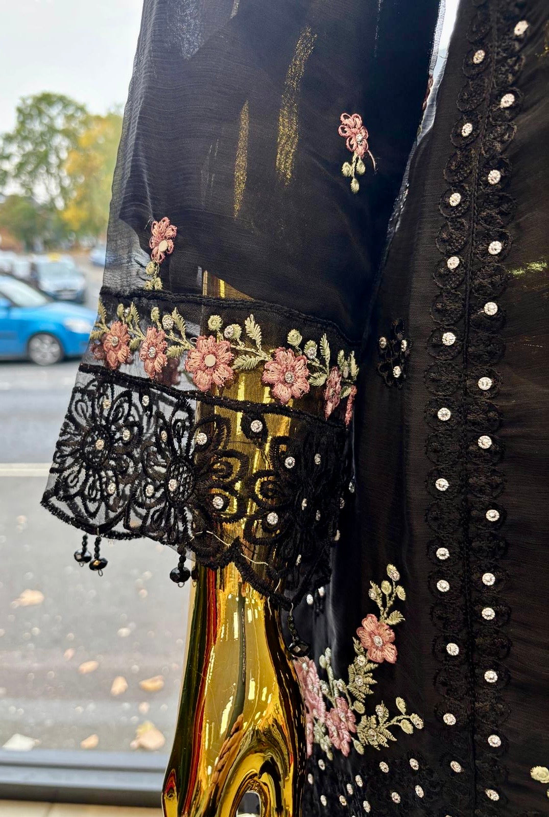 (09) Pakistani occasional embroidered diamonte chiffon ready to wear suit