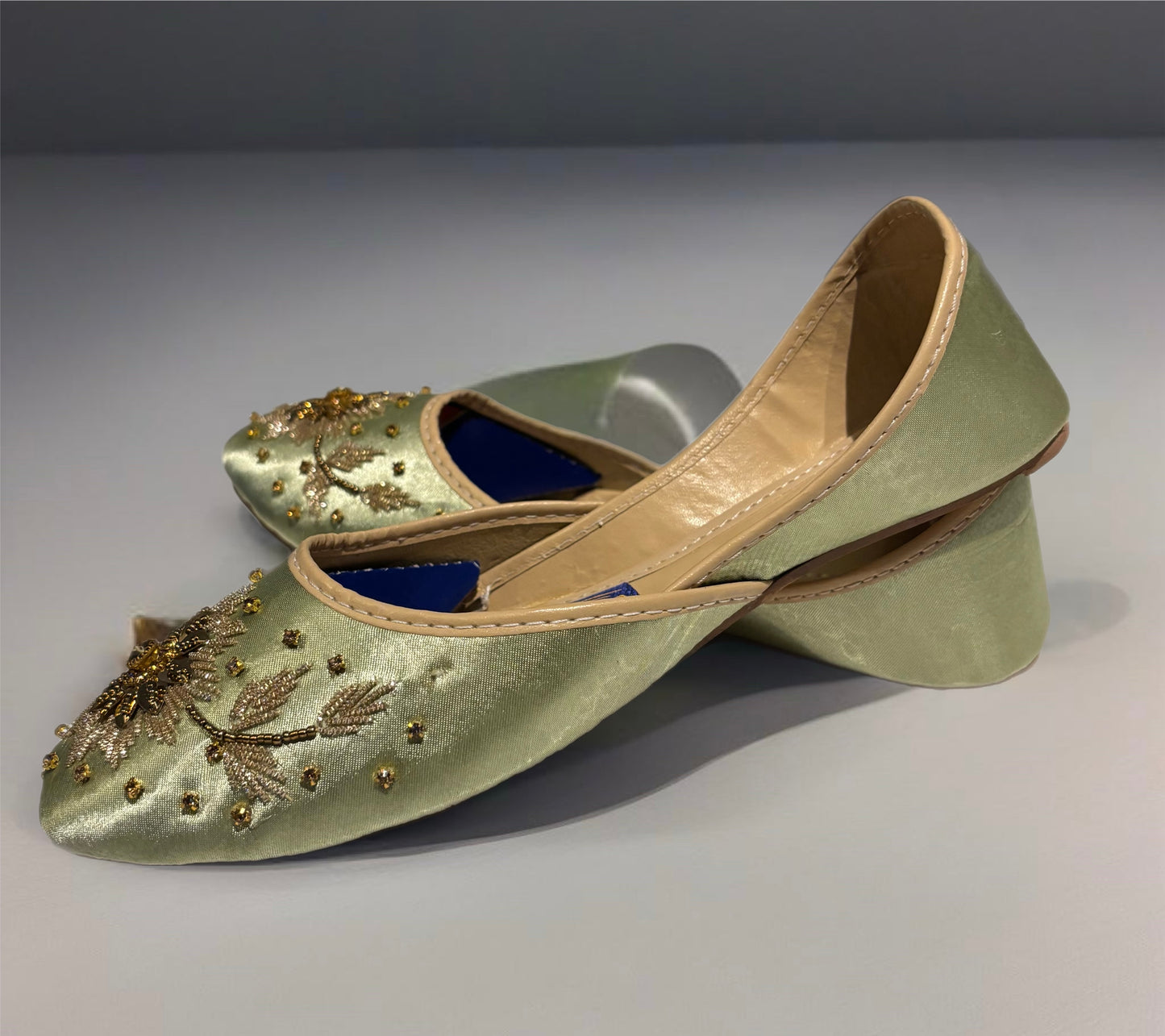 (S1) Handmade Satin Light Green Khusa – Gold Embroidered Punjabi Jutti with Soft Foam Sole