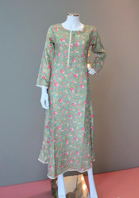 (272) Badal Summer Green Flared Printed Lace Trim Dress – Long Sleeve Floral Casual, One Size (UK 10-16)