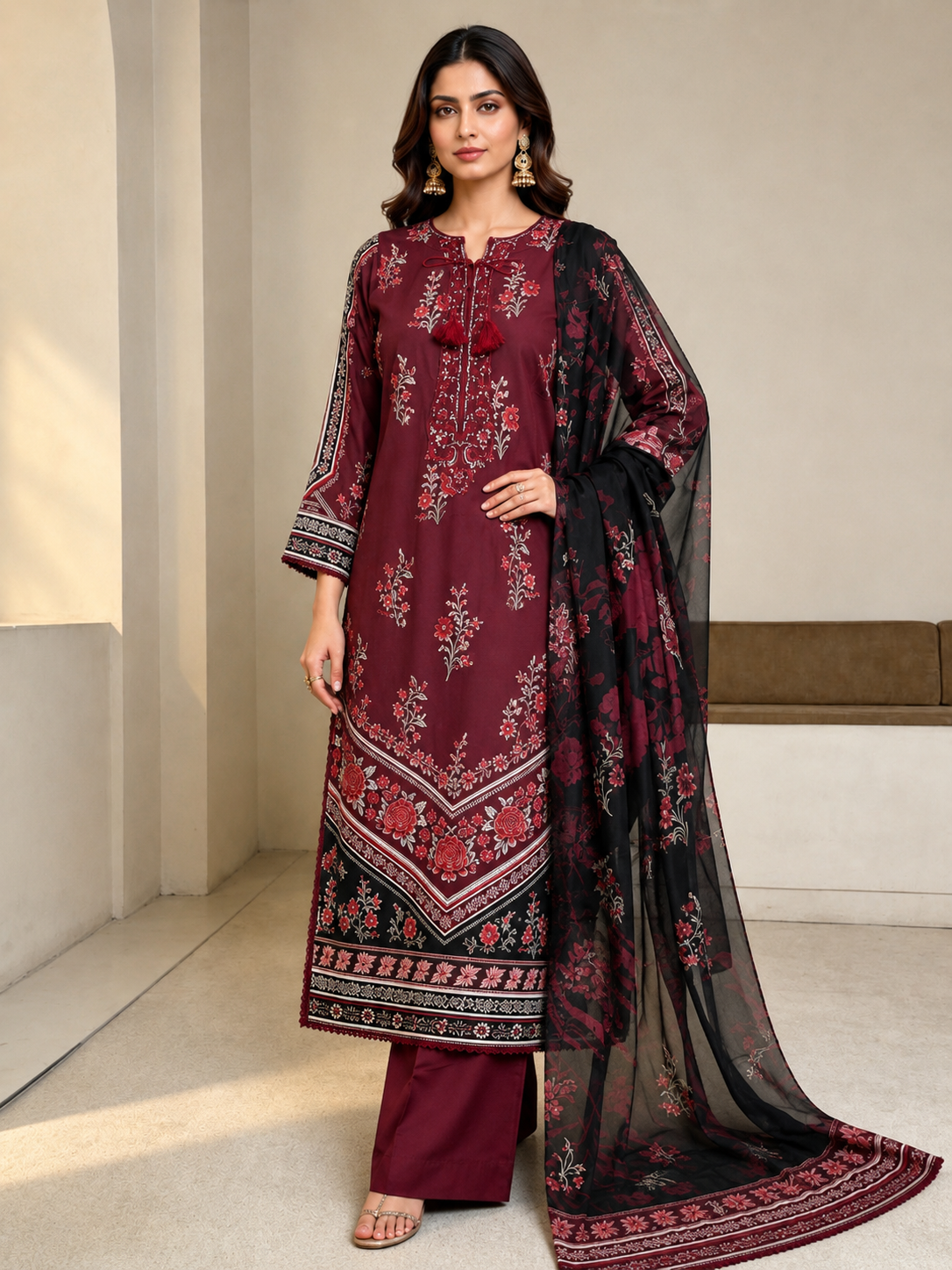 (24) Imrozia/serene dahlia elegant lawn kameez sequin floral thread embroidered neck tassel tie plazzo trousers contrast silk duppatta