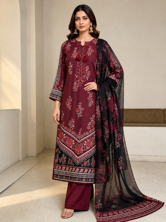 (24) Imrozia/serene dahlia elegant lawn kameez sequin floral thread embroidered neck tassel tie plazzo trousers contrast silk duppatta