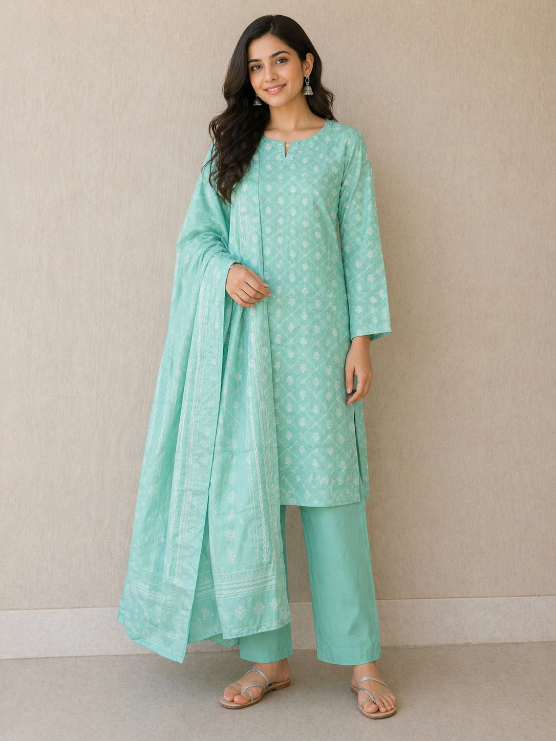 (113) Bin Saeed Lawn Suit | Floral & Pearl Neck | Contrast Dupatta