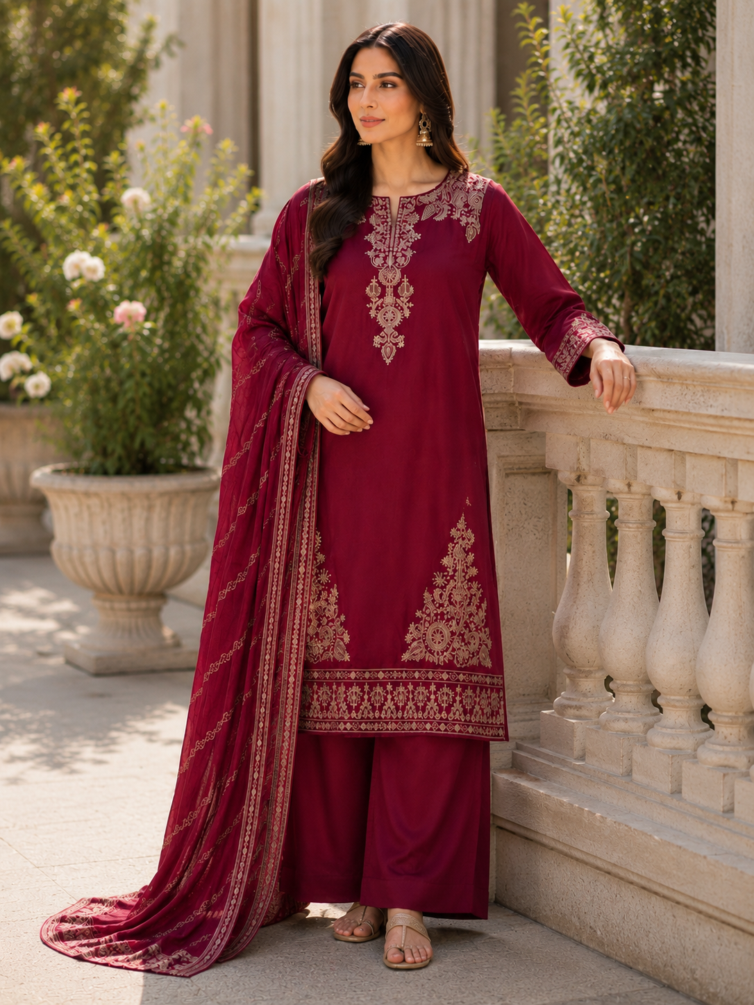 (6) Silky Viscose maroon Suit thread Embroidered fancy Dupatta ready to wear