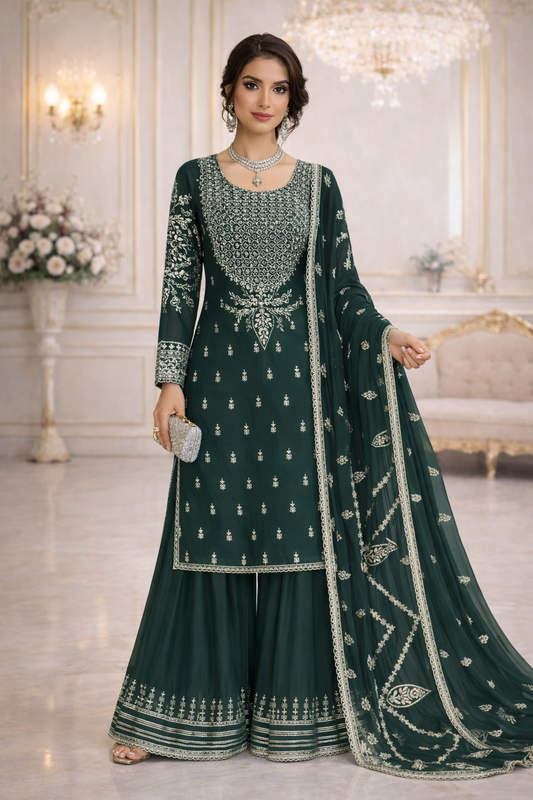 (283) Dark Green Chiffon Gharara | Sequin Embroidery & Dupatta