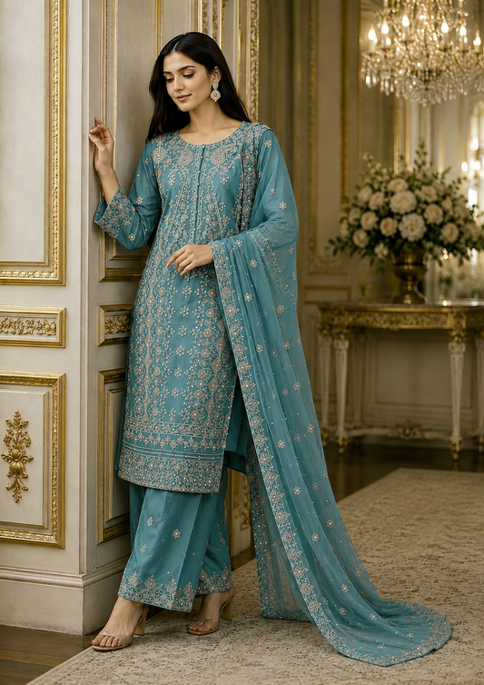 (34) Chiffon Gold Thread Embroidered Suit with Chiffon Dupatta Ready to Wear