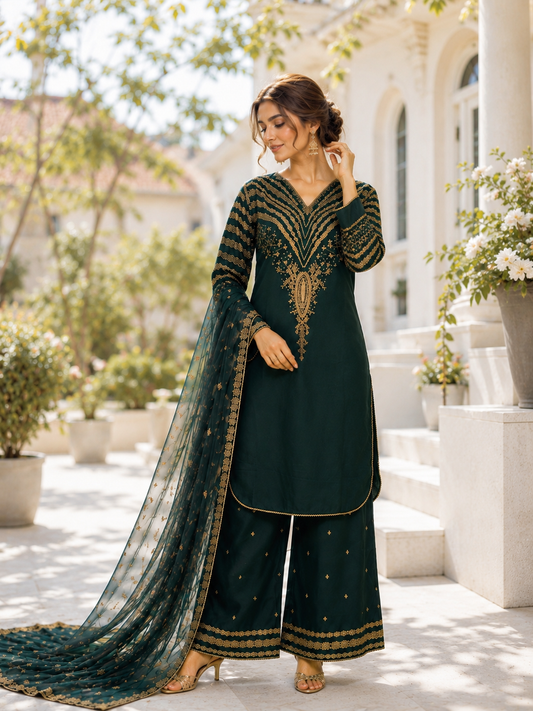 (290) Green Viscose Palazzo Suit | Gold Thread & Sequin Embroidery