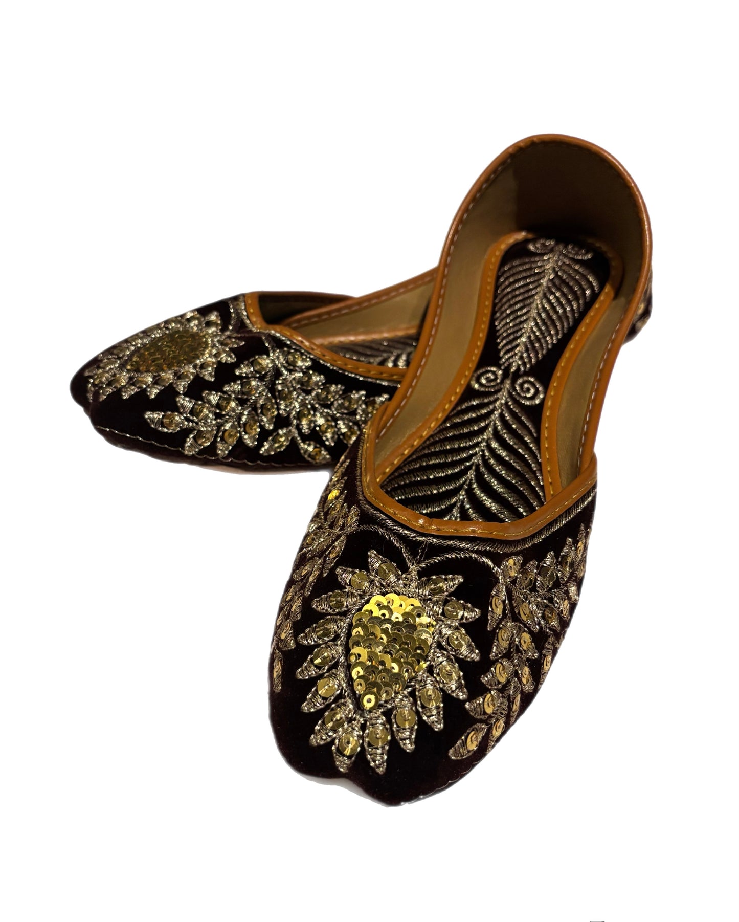 (S9) Handmade Suede Brown Khussa – Gold Embroidered Punjabi Jutti with Soft Foam & Non-Slip Sole