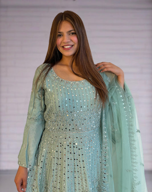 (60) Elegant Indian Embroidered Mirror Work Flared Frock – Three-Piece Wedding Party Ensemble | Ready to Wear