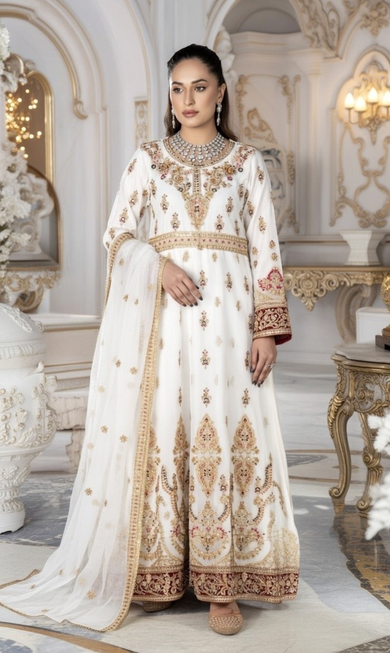 (116) Elegant white Pakistani Crinkle Chiffon Long anarkali 3-Piece Suit with Gold Diamante Accents and Fine Gold Thread Embroidery