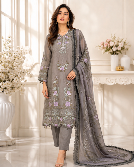 (122) Maria b chiffons inspired lace beaded diamonte neck floral chiffon kameez chiffon duppatta ready to wear
