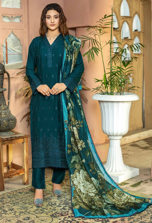 (351) Elegant Linen Sequin Embroidered Suit with Digital Munar Dupatta – Ready to Wear