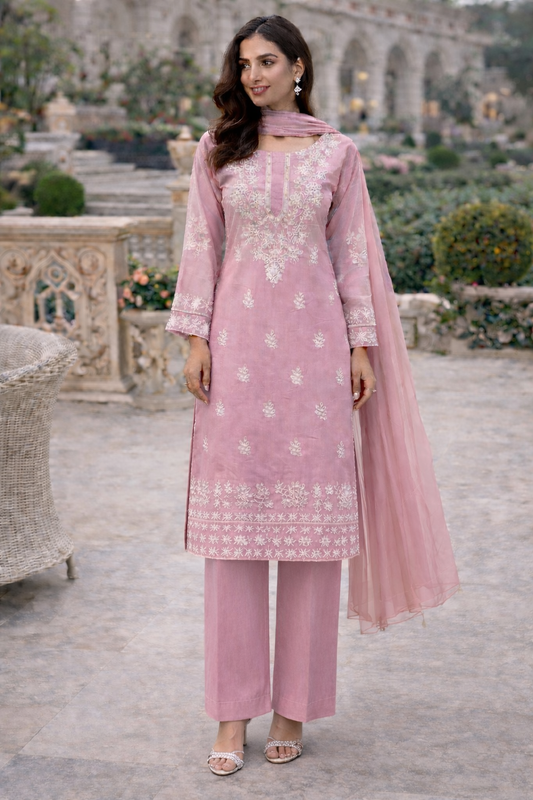 (11) Elegant Pink Viscose Suit | Thread Embroidery & Chiffon Dupatta
