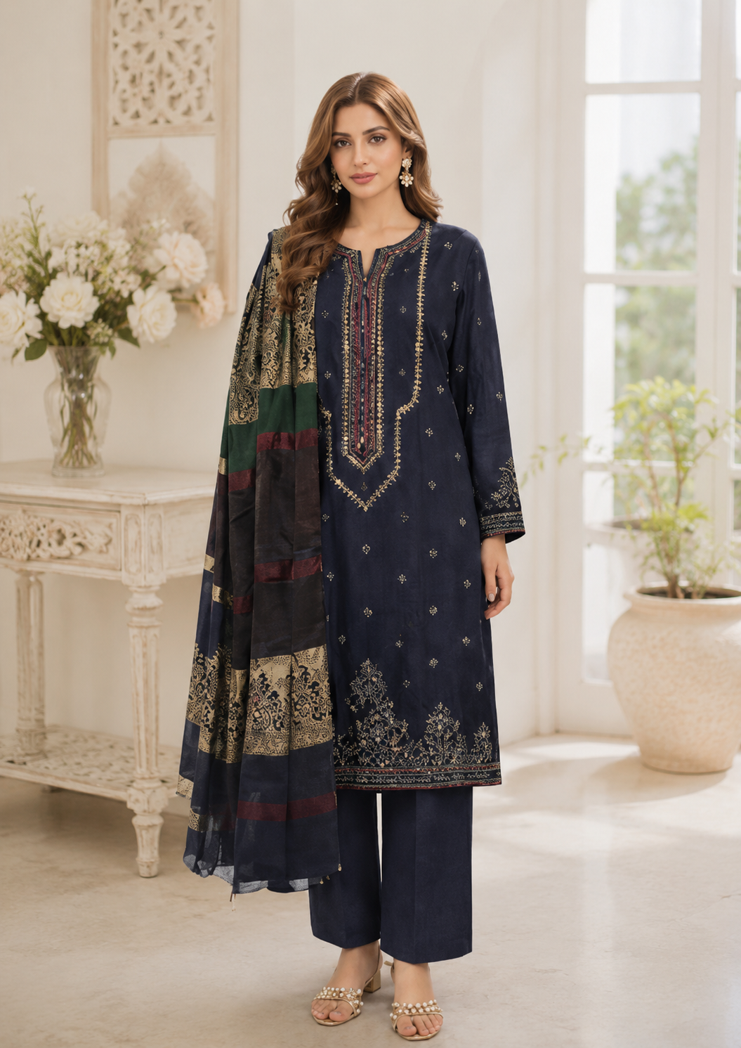 (234) Dhanak Embroidered Ready-Made Suit with Shawl – Elegant & Timeless