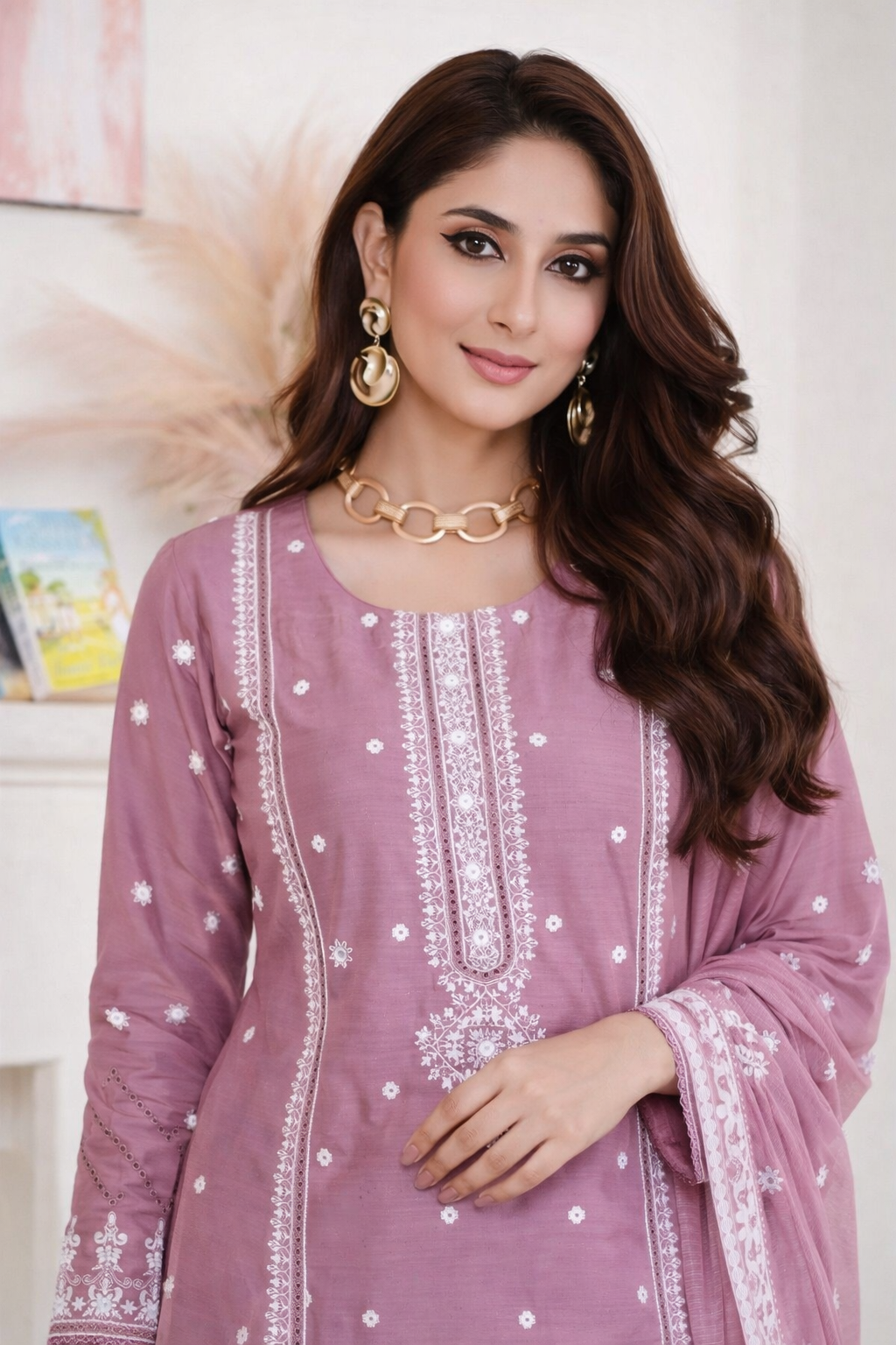 (154) Viscose Embroidered Suit with Vibrant Digital Dupatta Soft and Breathable Ready Made