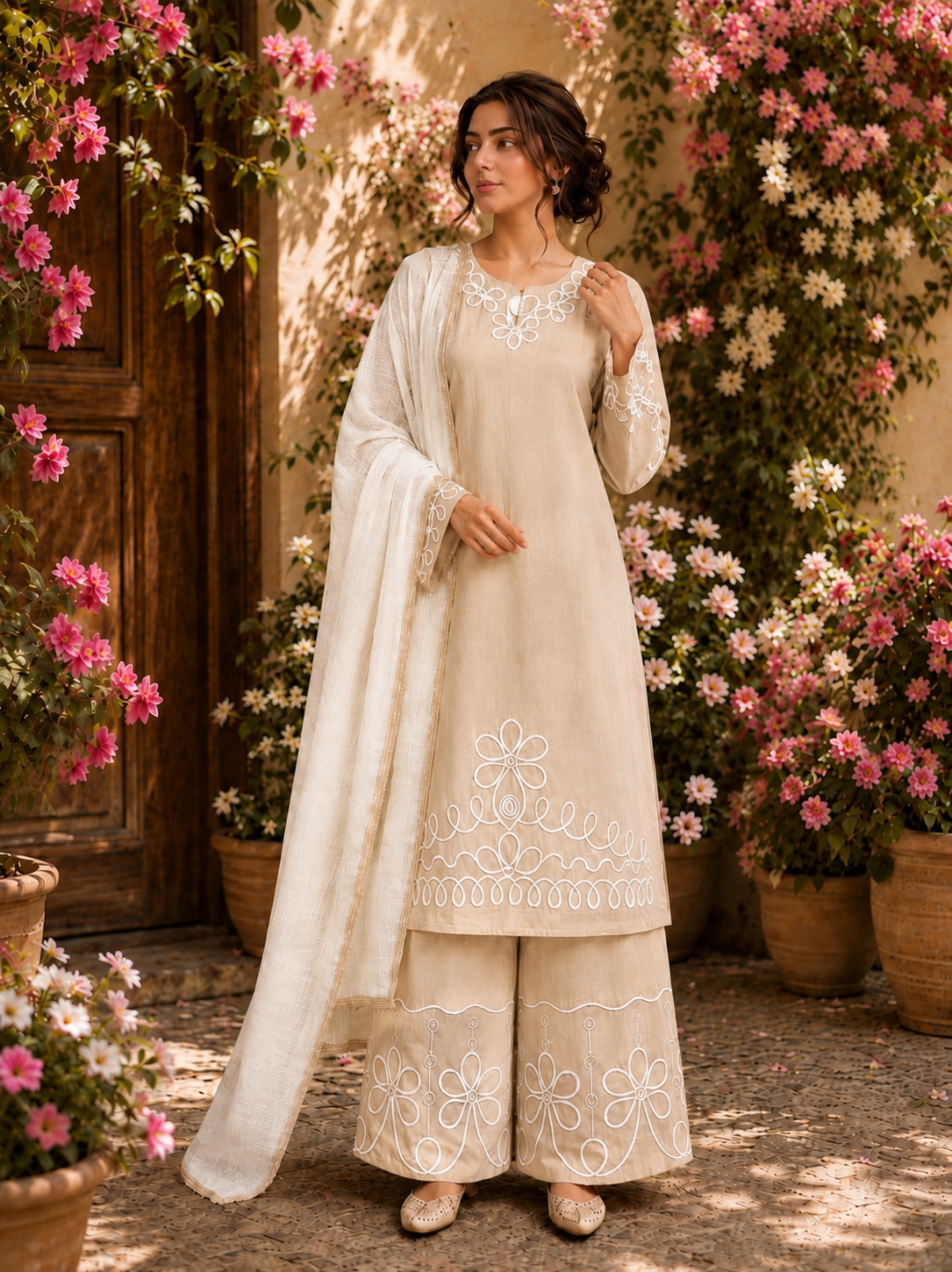 Elegant Linen lined pattern detailed Suit
Crafted from breathable premium linen, this elegant ready-to-wear suit features beautiful white embroidery on the neckline, sleeves, kameez hem, and palazzo trousers.