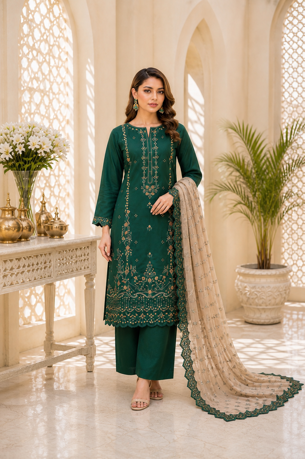 (174) Tawakkal Embroidered Sequin Silky Lawn Suit with Khaddi Dupatta