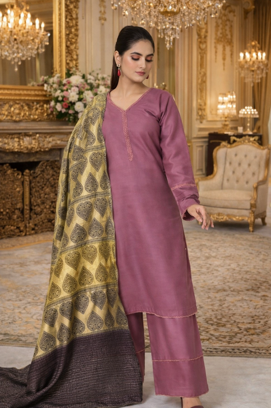 (142) Pakistani Dhanak Suit with Contrast Shawl – Soft, Warm & Stylish