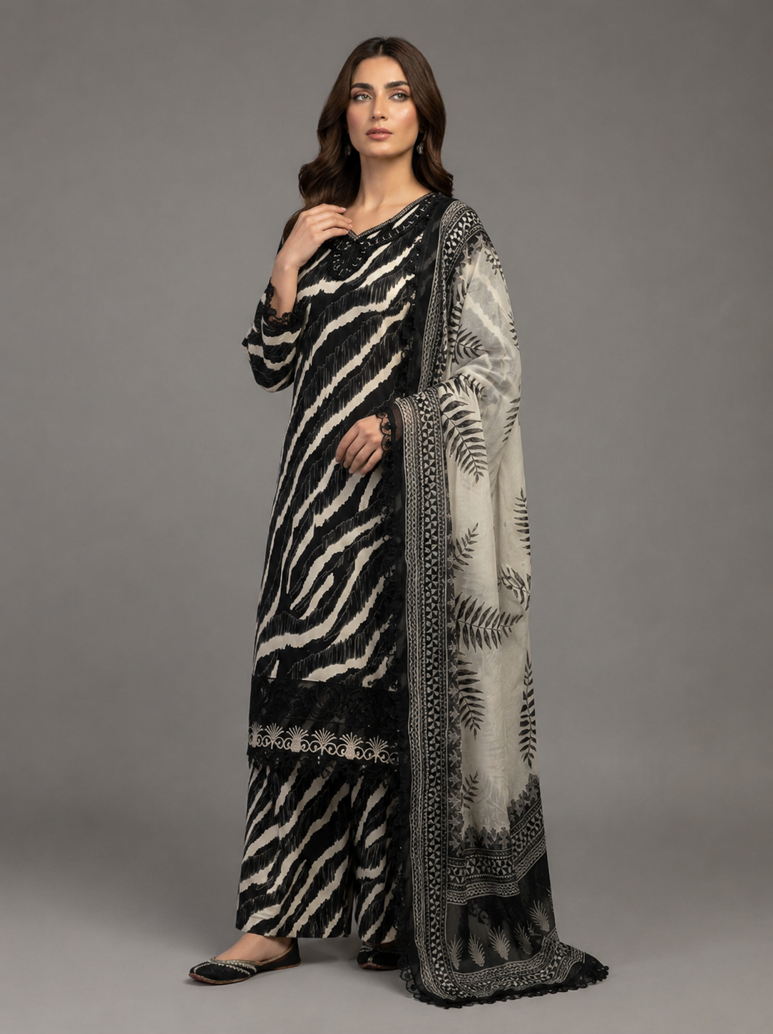 (227) Black & Beige Zebra Print Lawn Suit & Chiffon Dupatta