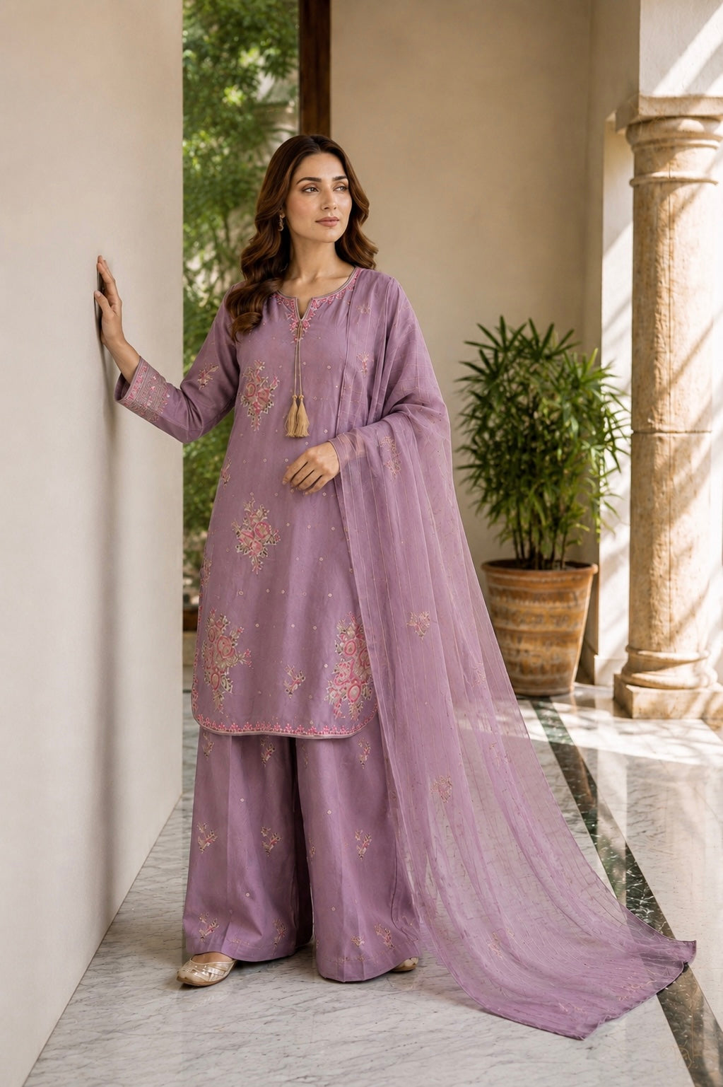 (353) Abeeha Elegant mauve Viscose Suit – A beautifully designed rounded kameez featuring delicate gold thread floral embroidery, paired with stylish palazzo trousers and a soft bamber dupatta.